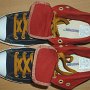 Foldover High Top Chucks  Navy, red, and gold foldover high tops with old gold laces, top view of rolled down shoes with inside lacing.