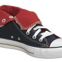 Foldover High Top Chucks  Left navy, red, and gold foldover high top, rolled down angled side view.
