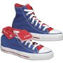 Foldover High Top Chucks  Royal blue and red "El Morro" foldover high top, angled outside view of the right shoe laced up and rolled down. This model also has a 2-tone look.
