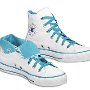 Foldover High Top Chucks  Optical white and Carolina blue foldover high tops, showing the right shoe laced up and rolled down.