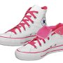 Foldover High Top Chucks  Optical white and neon pink foldover high tops, showing right shoe laced up and rolled down.