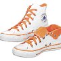 Foldover High Top Chucks  Optical white and orange foldover high tops, showing the right shoe laced up and rolled down.