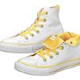 Foldover High Top Chucks  Angled side view of optical white and yellow foldovers with yellow laces.