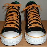 Foldover High Top Chucks  Front view of laced black, green, amber foldovers, showing one way to use the lacing snaps.