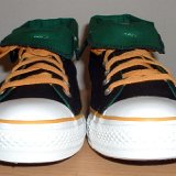 Foldover High Top Chucks  Front view of black, green, amber foldovers rolled down to the sixth eyelet.