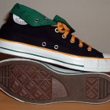 Foldover High Top Chucks  Inside patch and sole views of black, green, amber foldovers rolled down to the sixth eyelet.