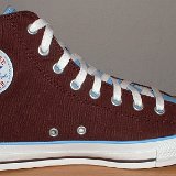 Foldover High Top Chucks  Inside patch view of a left brown and Carolina blue 2 tone foldover.