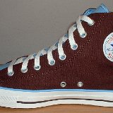Foldover High Top Chucks  Inside patch view of a right brown and Carolina blue 2 tone foldover.