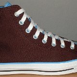 Foldover High Top Chucks  Outside view of a right brown and Carolina blue 2 tone foldover.