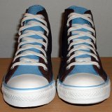 Foldover High Top Chucks  Front view of brown and Carolina blue 2 tone foldovers.
