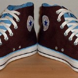 Foldover High Top Chucks  Angled front view of brown and Carolina blue 2 tone foldovers.