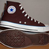 Foldover High Top Chucks  Sole and inside patch views of brown and Carolina blue 2 tone foldovers.