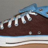 Foldover High Top Chucks  Inside patch view of a right brown and Carolina blue 2 tone foldover rolled down to the sixth eyelet.