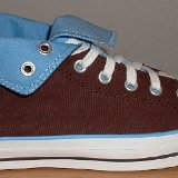 Foldover High Top Chucks  Outside view of a right brown and Carolina blue 2 tone foldover rolled down to the sixth eyelet.