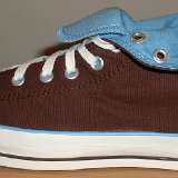 Foldover High Top Chucks  Outside view of a left brown and Carolina blue 2 tone foldover rolled down to the sixth eyelet.