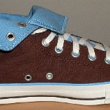 Foldover High Top Chucks  Inside patch view of a left brown and Carolina blue 2 tone foldover rolled down to the sixth eyelet.