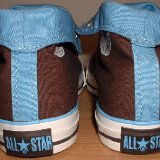Foldover High Top Chucks  Rear view of brown and Carolina blue 2 tone foldovers rolled down to the sixth eyelet.