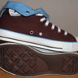 Foldover High Top Chucks  Sole and inside patch views of brown and Carolina blue 2 tone foldovers rolled down to the sixth eyelet.
