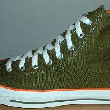 Foldover High Top Chucks  Outside view of a left olive green and orange foldover.