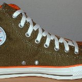 Foldover High Top Chucks  Inside patch view of a left olive green and orange foldover.