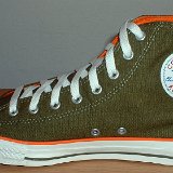 Foldover High Top Chucks  Inside patch view of a right olive green and orange foldover.