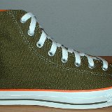 Foldover High Top Chucks  Outside view of a right olive green and orange foldover.