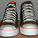 Foldover High Top Chucks  Front view of olive green and orange foldovers.