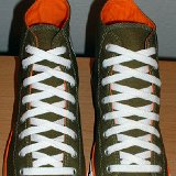 Foldover High Top Chucks  Top view of olive green and orange foldovers.