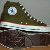 Foldover High Top Chucks  Sole and inside patch views of olive green and orange foldovers.