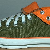 Foldover High Top Chucks  Outside view of a left olive green and orange foldover rolled down to the sixth eyelet.