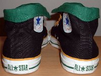 Foldover High Top Chucks Gallery 4  Rear view of black, green, and amber high tops rolled down to the seventh eyelet.