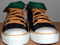 Foldover High Top Chucks Gallery 4  Front view of black, green, and amber high tops rolled down to the seventh eyelet.