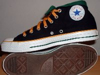 Foldover High Top Chucks Gallery 4  Inside patch and sole views of black, green, and amber high tops rolled down to the seventh eyelet.