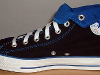 Foldover High Top Chucks Gallery 4  Inside patch view of a right black and royal blue high top rolled down to the seventh eyelet.