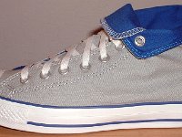 Foldover High Top Chucks Gallery 4  Outside view of a left light grey and royal blue high top rolled down to the seventh eyelet.