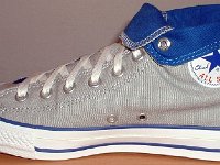 Foldover High Top Chucks Gallery 4  nside patch view of a right light grey and royal blue high top rolled down to the seventh eyelet.