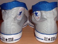 Foldover High Top Chucks Gallery 4  Rear view of light grey and royal blue high tops rolled down to the seventh eyelet.