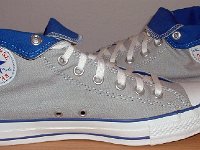 Foldover High Top Chucks Gallery 4  Inside patch views of light grey and royal blue high tops rolled down to the seventh eyelet.