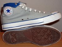 Foldover High Top Chucks Gallery 4  Sole and inside patch views of light grey and royal blue high tops rolled down to the seventh eyelet.
