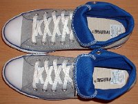 Foldover High Top Chucks Gallery 4  Top view of light grey and royal blue high tops rolled down to the seventh eyelet.