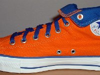 Foldover High Top Chucks Gallery 4  Inside patch view of a right orange and royal blue high top rolled down to the seventh eyelet.