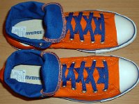 Foldover High Top Chucks Gallery 4  Top view of orange and royal blue high tops rolled down to the seventh eyelet.