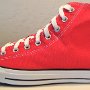 Foldover Double Upper High Top Chucks  Outside view of a laced up left red foldover double upper high top chuck.