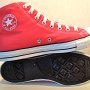 Foldover Double Upper High Top Chucks  Inside patch and sole views of laced up red foldover double upper high top chucks.