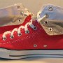 Foldover Double Upper High Top Chucks  Inside patch views of folded down red foldover double upper high top chucks.