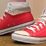 Foldover Double Upper High Top Chucks  Wearing folded down red foldover double upper high top chucks, left side view.