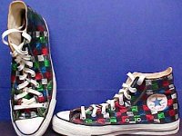 Chucks with Geometric Pattern Uppers  Checkered high tops, inside patch and top views.