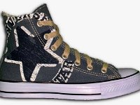 Chucks with Geometric Pattern Uppers  Graphic star denim high top, outside view. Note the gray foxing on the shoe.