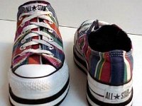 Chucks with Geometric Pattern Uppers  Striped platform low cuts, front and rear views.