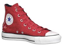 Chucks with Geometric Pattern Uppers  Angled inside patch view of a red Asian print high top with embossed square patterns.